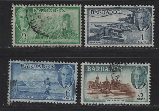 Lot 340 Barbados #271-273, 275 1c-6c Indigo - Light Blue Dover Fort - Casting Net, 1950-1952 King George VI Pictorial Issue, 10 VFOG Singles 1950 Printings on Translucent Paper With No Clear Mesh, Some Shade Variations