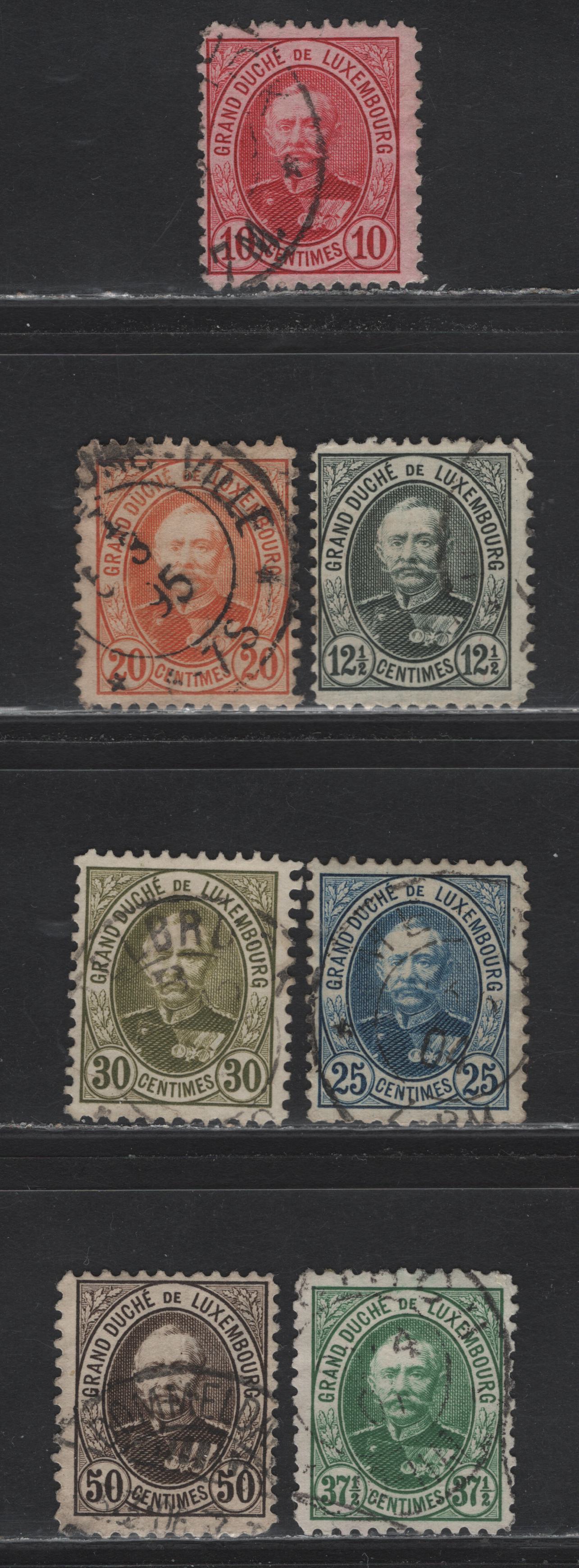 Lot 34 Luxembourg SC#60-66 (Michel# 57D-63D) 10c - 50c Carmine - Brown , 1891-1893 Grand Duke Adolphe Issue, 7 Fine Used Singles, Perf 11.5x11