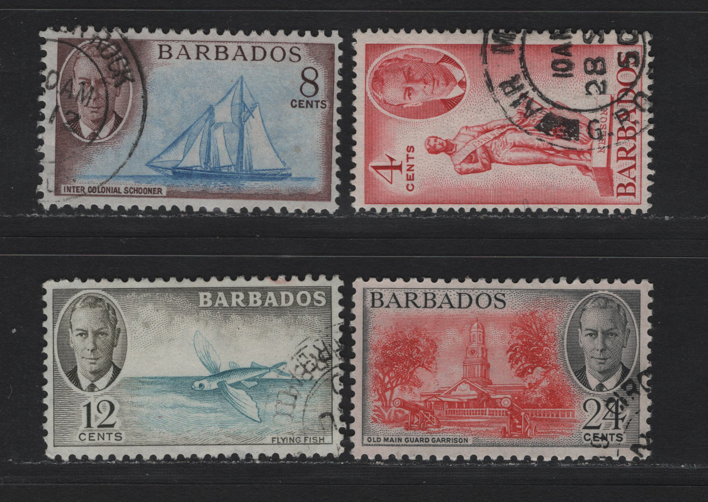 Lot 342 Barbados  #274, 276-278 4c-24c Carmine-Scarlet & Black Nelson Statue - Old Main Guard Mansion, 1950-1952 King George VI Pictorial Issue, 4 Fine & VF Used Singles 1952 Printings On Paper Showing Cross-Hatched Mesh, Different Shades From Lot 343