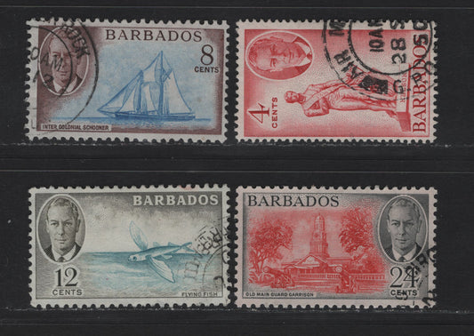 Lot 342 Barbados  #274, 276-278 4c-24c Carmine-Scarlet & Black Nelson Statue - Old Main Guard Mansion, 1950-1952 King George VI Pictorial Issue, 4 Fine & VF Used Singles 1952 Printings On Paper Showing Cross-Hatched Mesh, Different Shades From Lot 343