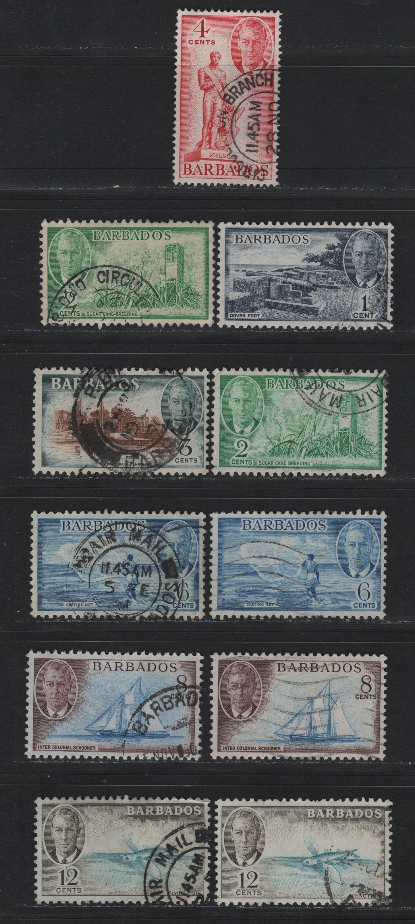 Lot 343 Barbados (C) #271-277 1c-12c Indigo-Greenish Blue & Brown Olive Dover Fort - Flying Fish, 1950-1952 King George VI Pictorial Issue, 11 Fine & VF Used Singles 1952 Printings On Paper Showing Cross-Hatched Mesh, Different Shades From Lot 342