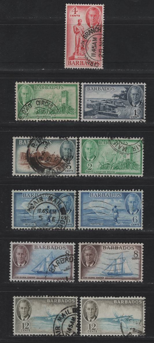 Lot 343 Barbados (C) #271-277 1c-12c Indigo-Greenish Blue & Brown Olive Dover Fort - Flying Fish, 1950-1952 King George VI Pictorial Issue, 11 Fine & VF Used Singles 1952 Printings On Paper Showing Cross-Hatched Mesh, Different Shades From Lot 342