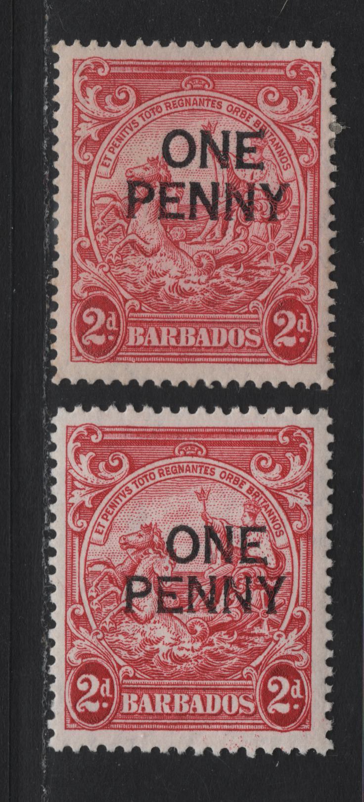 Lot 344 Barbados (C) #264-264e 1d on 2d  Carmine Badge Of The Colony, 1947 Surcharged Issue, 2 VFOG Singles Perf. 14 & 13.5 x 13 Printings