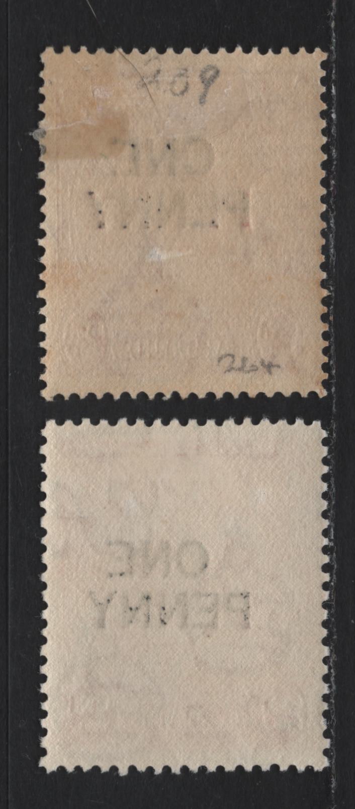 Lot 344 Barbados (C) #264-264e 1d on 2d  Carmine Badge Of The Colony, 1947 Surcharged Issue, 2 VFOG Singles Perf. 14 & 13.5 x 13 Printings