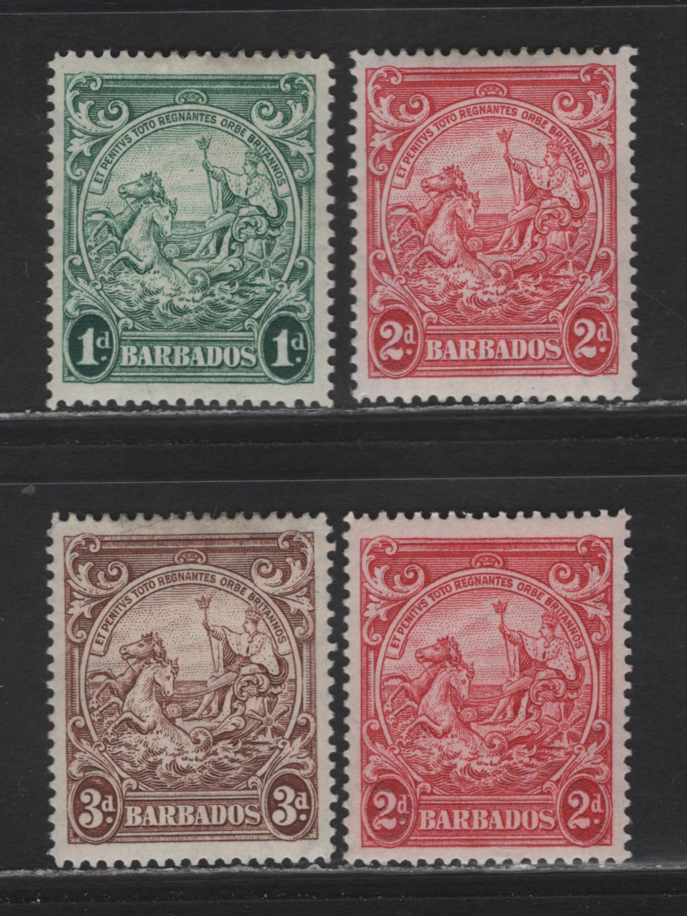Lot 345 Barbados (C) #249c, 250e, 252b 1d-3d Green, Carmine & Brown Badge Of The Colony, 1938-1950 King George VI Defintive Issue, 4 VFOG Singles Perf. 14 1942 Printings On Opaque Paper With Barely Visible Watermark