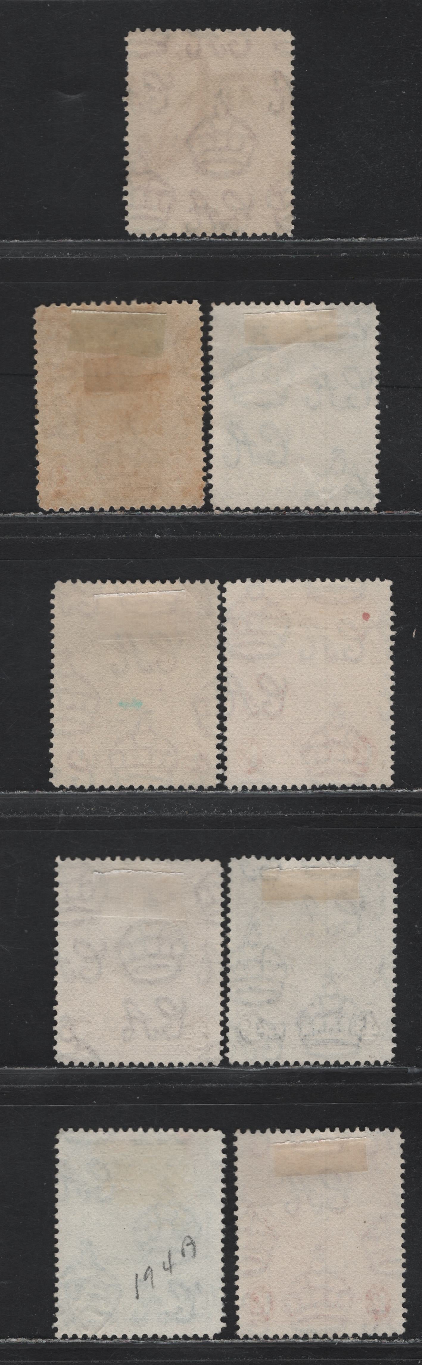 Lot 349 Barbados (C) #248b, 249a, 249bc, 250b, 251b, 253d 1/2d-4d Green - Black Badge Of The Colony, 1938-1950 King George VI Defintive Issue, 9 Fine & VF Used Singles 1938 & 1942 Printings, Perf. 14 On Opaque Paper With Barely Visible to Clear Wmk