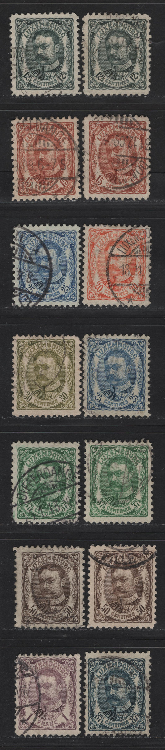 Lot 35 Luxembourg SC#83-91 12.5c - 1fr Slate Green - Violet , 1906-1926 Grand Duke William IV Issue, 14 Very Fine Used Singles, Includes Shades Of 12.5c, Both Perfs Of 15c, 25c, 37.5c & 50c (Perfs 11 & 11.5x11)