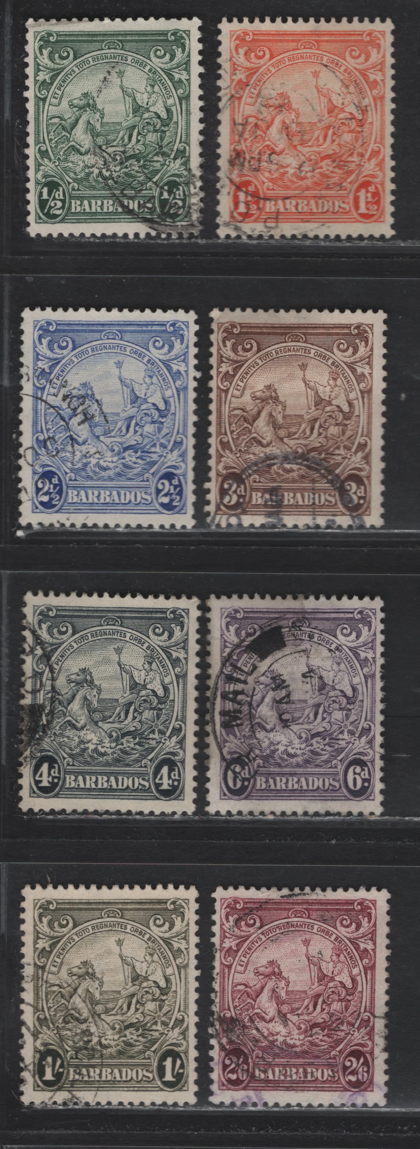 Lot 351 Barbados (C) #248, 250, 251, 252, 253, 254-256 1/2d-2/6d Green-Claret Badge Of The Colony, 1938-1950 King George VI Defintive Issue, 8 Fine & VF Used Singles 1938 Printings On Opaque Paper With Clear Wmk