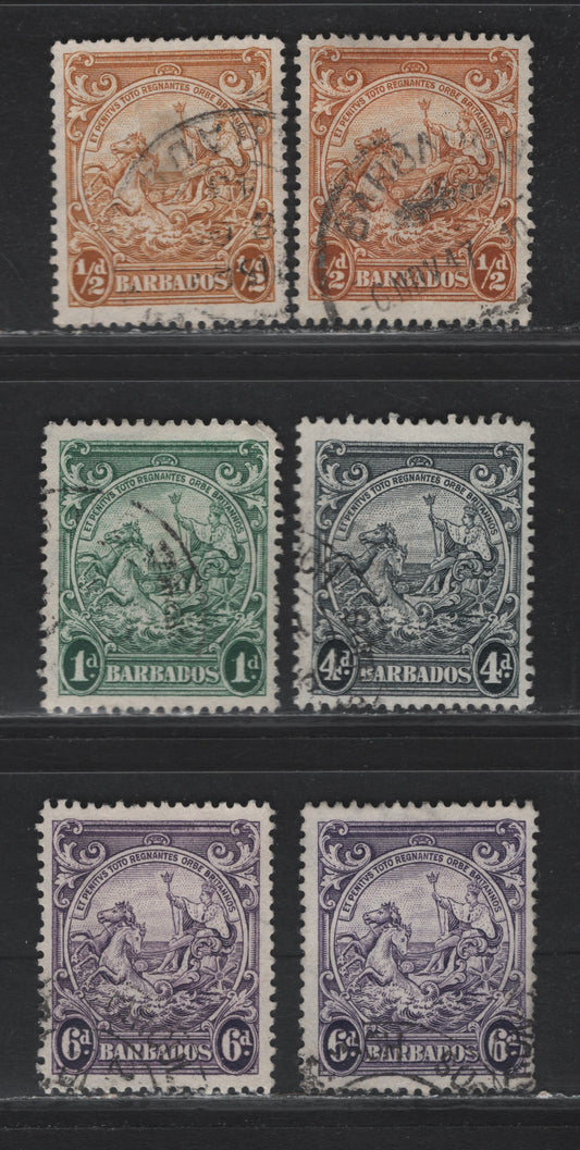 Lot 354 Barbados #248c, 249b, 253-254 1/2d-6d Yellow Bistre - Violet Badge Of The Colony, 1938-1950 King George VI Defintive Issue, 6 Fine & VF Used Singles 1944 Printings On Translucent Paper With Clear Wmk