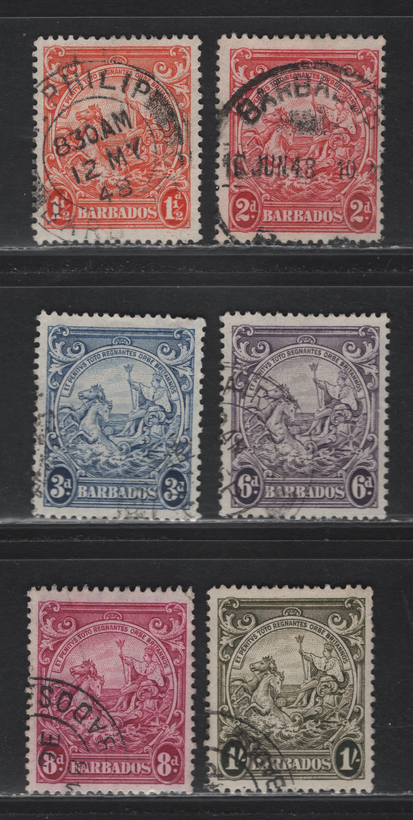 Lot 355 Barbados (C) #250, 250d, 252c, 254, 255a, 254a 1.5d-1/- Red-Orange - Deep Brown Olive Badge Of The Colony, 1938-1950 King George VI Defintive Issue, 6 Fine & VF Used Singles 1947-1948 Printings Perf. 13.5 x 13, 8d Has A Diagonal Crease