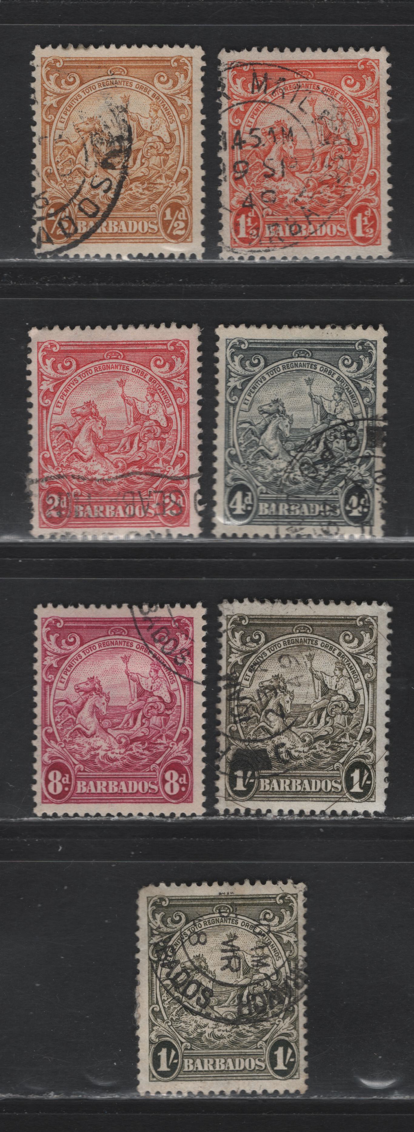 Lot 356 Barbados (C) #250, 250d, 248c, 253, 254a, 255a 1.5d-1/- Red-Orange - Deep Brown, 1938-1950 King George VI Defintive Issue, 7 Fine & VF Used Singles 1948-1949 Printings On Opaque Paper With Barely Visible Wmk, Small Internal Crease on One 1/-