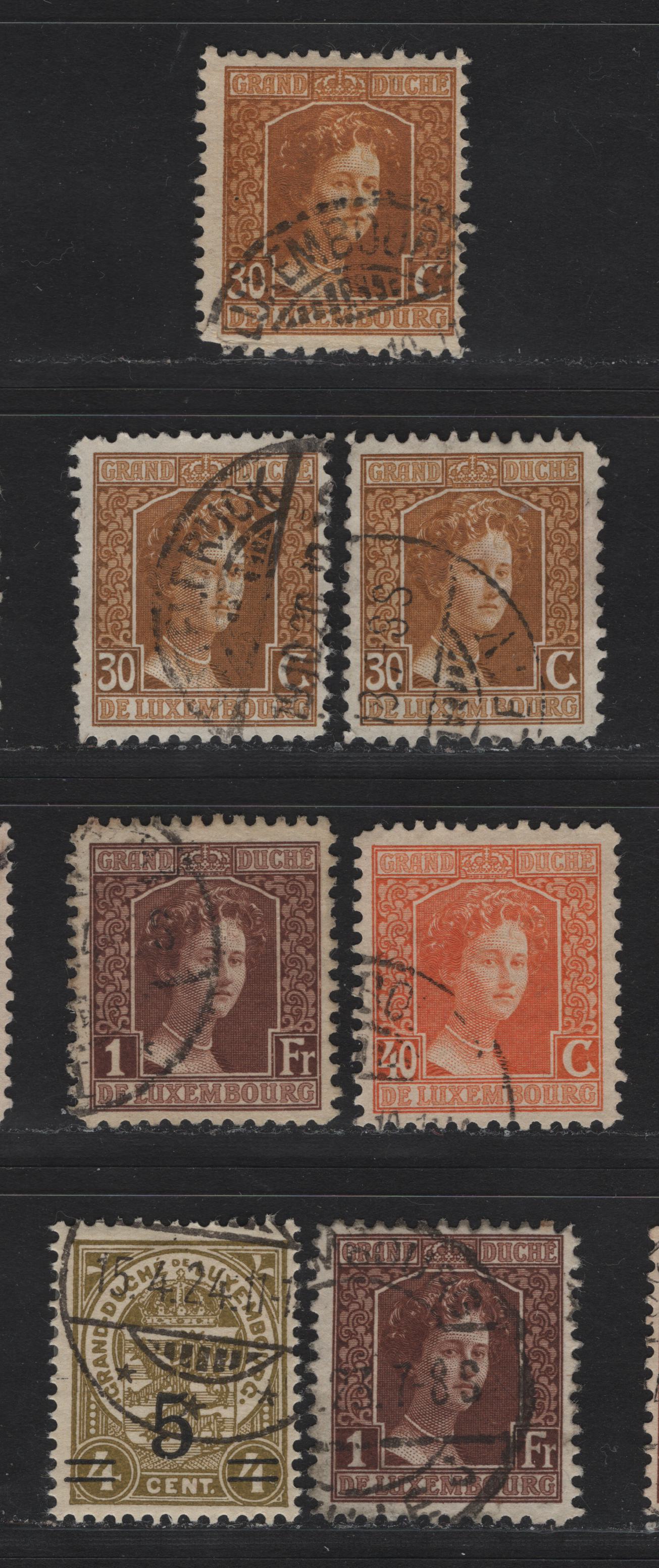 Lot 36 Luxembourg SC#102. 105. 109. 115 30c - 5c on 4c Bistre Orange Brown - Bistre , 1914-1917 Grand Duchess Marie Adelaide Issue, 7 Fine/Very Fine Used Singles, Perfs 11.5 & 12.5, Includes 3 Shades Of 30c & Two Of The 1fr