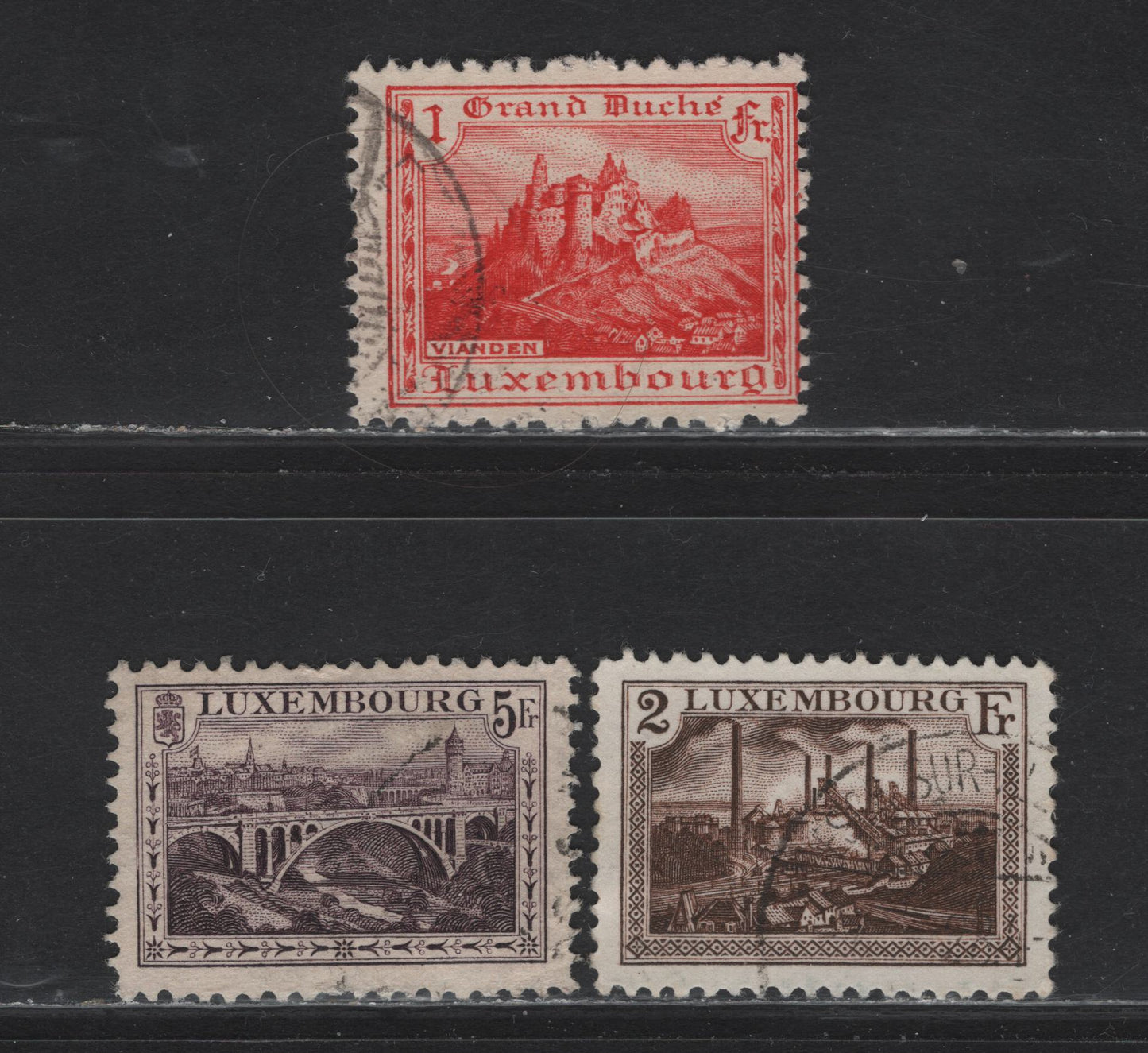 Lot 39 Luxembourg SC#126a, 129, 130 1fr - 5fr Carmine - Deep Purple , 1921-1934 Pictorial Issue, 3 Fine/Very Fine Used Singles, Perfs 11x11.5 &11.5x11