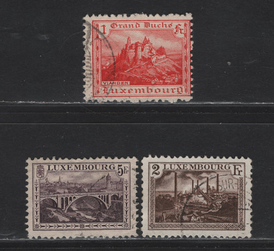 Lot 39 Luxembourg SC#126a, 129, 130 1fr - 5fr Carmine - Deep Purple , 1921-1934 Pictorial Issue, 3 Fine/Very Fine Used Singles, Perfs 11x11.5 &11.5x11