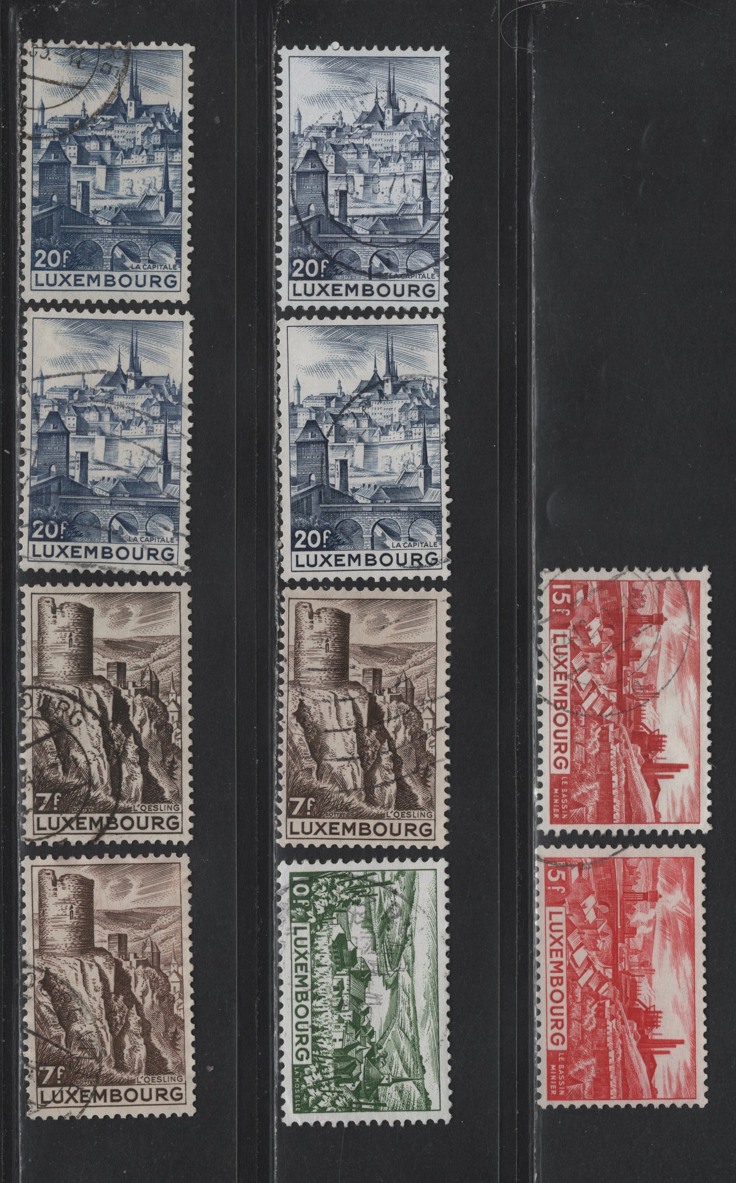 Lot 44 Luxembourg SC#246-249 7fr - 20fr Dark Brown - Dark Blue , 1948-1970 High Value Pictorial Definitive Issue, 10 Fine/Very Fine Used Singles, Several Different Printings Of Several Values, Different Shades Of The Basic Color
