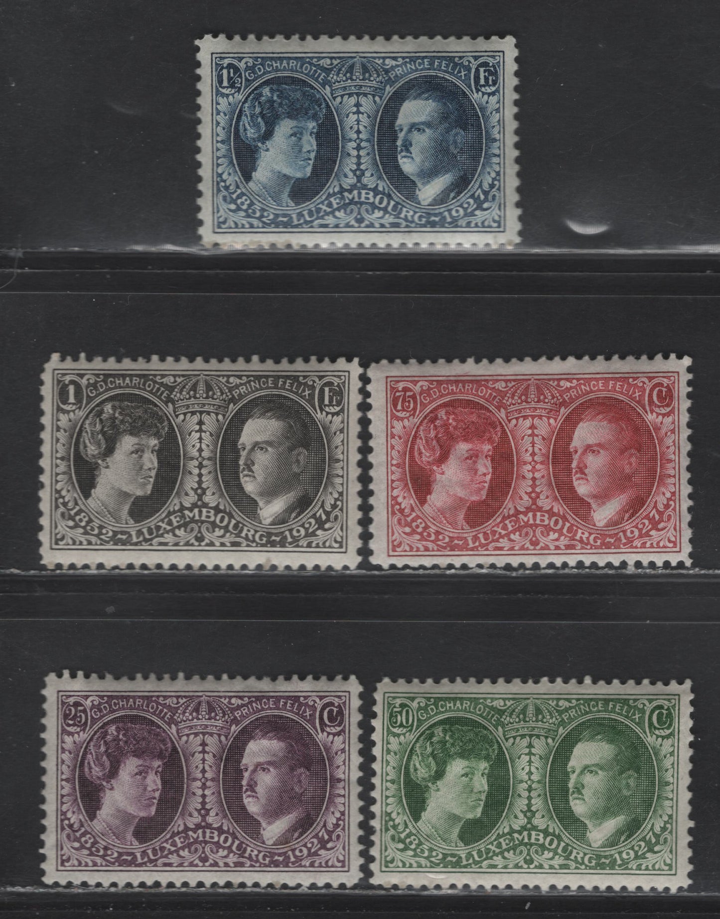 Lot 47 Luxembourg SC#B20-B24 25c - 1.5fr Deep Violet - Deep Blue , 1927 Introduction of Postage Stamps Issue, 5 F/VFOG Singles