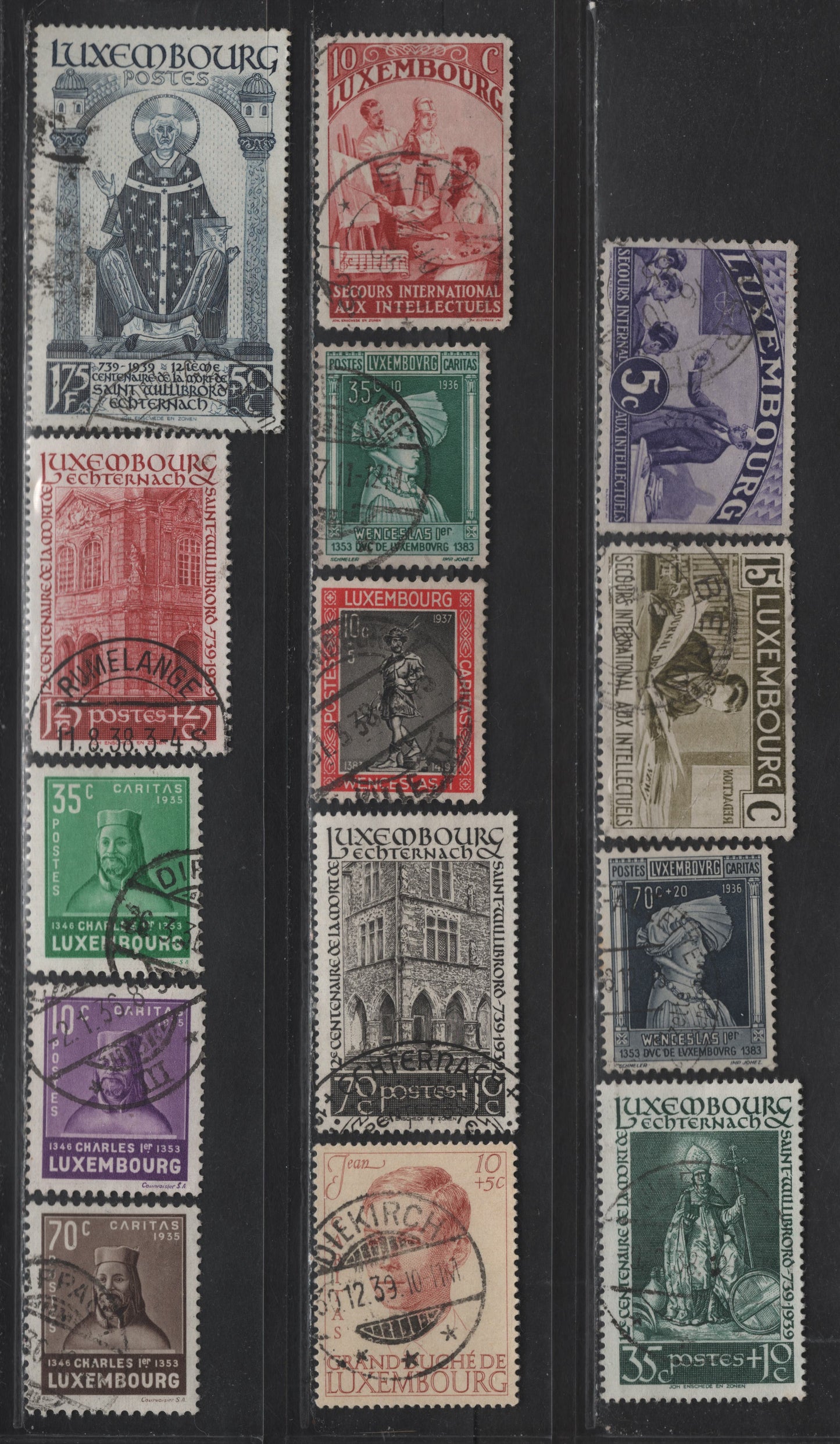 Lot 49 Luxembourg SC#B65a-c, B68-B70, B74-B75, B79, B86-B89, B98 5c - 10c+5c Viole - Red Brown , 1935-1938 Unemployed Intellectuals - Death of St Willibroad Issues, 14 Very Fine Used Singles