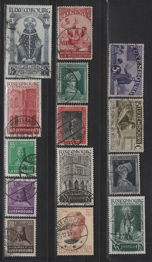 Lot 49 Luxembourg SC#B65a-c, B68-B70, B74-B75, B79, B86-B89, B98 5c - 10c+5c Viole - Red Brown , 1935-1938 Unemployed Intellectuals - Death of St Willibroad Issues, 14 Very Fine Used Singles