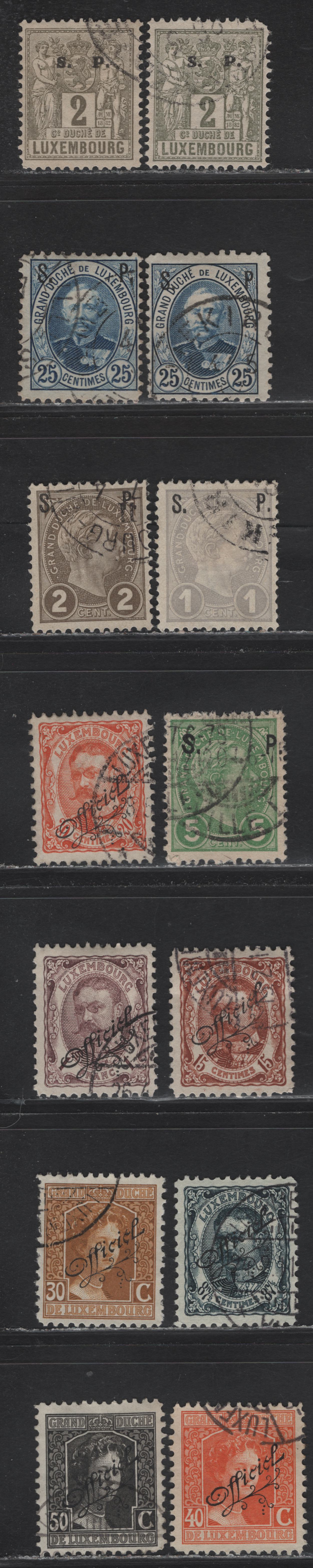 Lot 52 Luxembourg SC#O53, O68, O75-O76, O78, O89-O90, O95-O96, O104, O107-O108 2c - 50c Olive Brown/Olive Green - Dark Gray , 1882-1917 Industry & Commerce - Grand Duchess Charlotte Issues, 12 Fine/Very Fine Used Singles, With Official Overprints