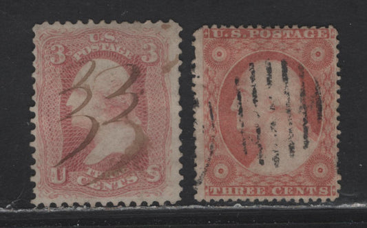 Lot 56 United States (C) SC#26, 65 3c Dull Red - Rose , 1857-1868 Perforated Topper Carpenter - Civil War Issues, 2 Fine Used Singles, Type III