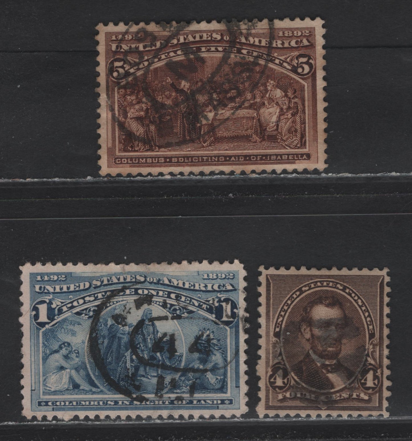 Lot 63 United States (C) SC#222, 230, 234 4c - 5c Dark Brown - Chocolate , 1890-1893 Small Banknotes - Columbian Exposition Issues, 3 Fine/Very Fine Used Singles, Well Centered Examples
