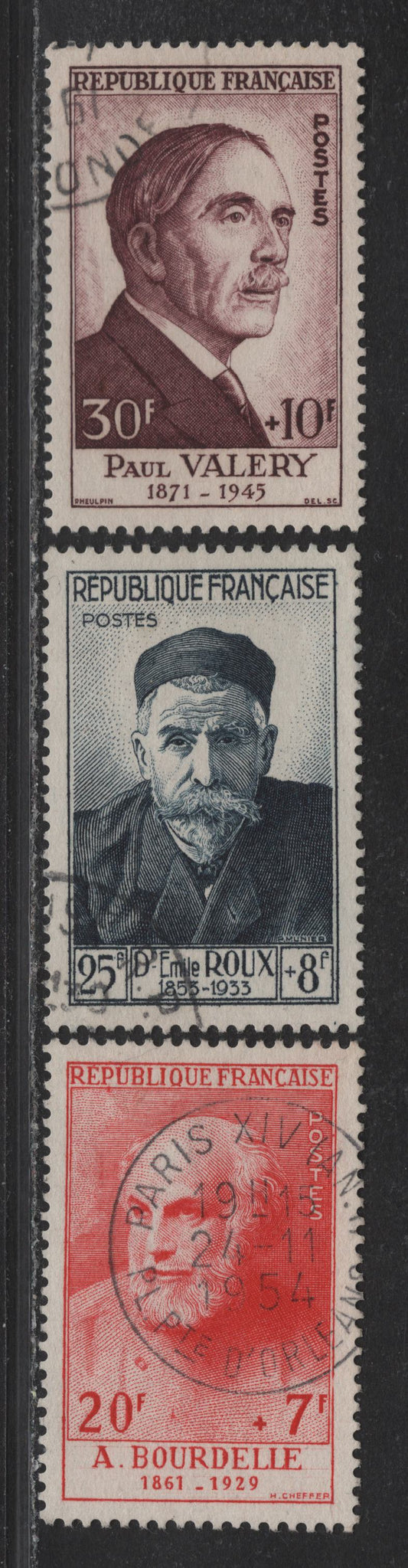 Lot 73A France (C) SC#B288-B290 20fr+7fr - 30fr+10fr Crimson - Deep Claret , 1954 Portraits Semi Postals, 2 Very Fine Used Singles