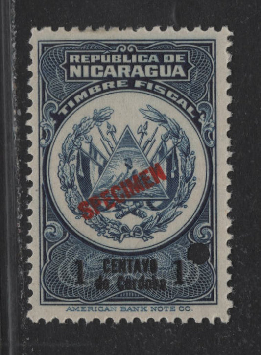 Lot 74 Nicaragua (C) SC# 1c Blue , 1928 Telegraph Tax Issue, A FOG Single, Specimen Overprint & Security Punch