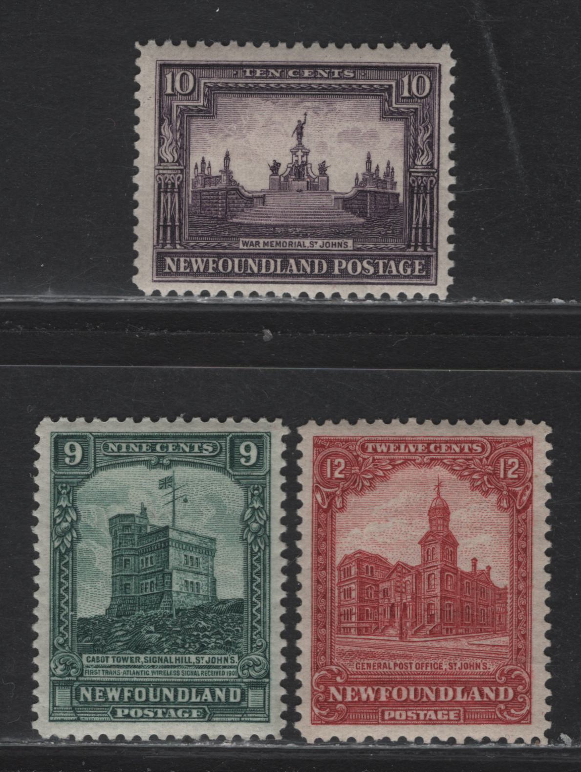 Lot 78 Newfoundland (C) #152-154 9c - 10c Myrtle Green - Dark Violet Cabot Tower - General Post Office, 1928 Pictorial Issue, 3 F/VFOG/NH Singles, WM-O, WM-G & WM-N Papers, Line Perf