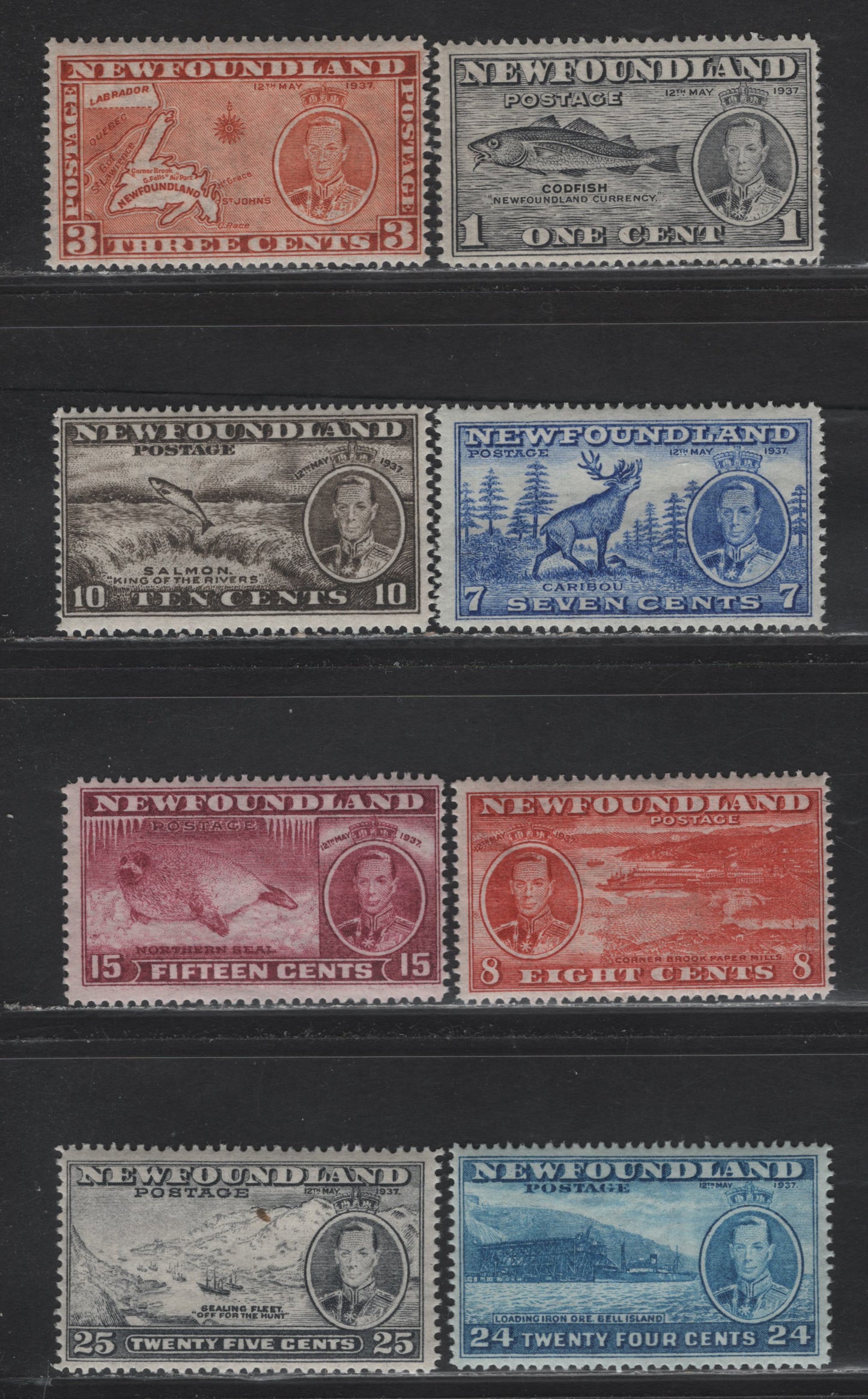Lot 78A Newfoundland (C) #233, 234a, 235-237, 239, 241-242 1c - 25c Gray Black - Slate Codfish - Sealing Fleet, 1937 Long Coronation Issue, 8 F/VFNH Singles, Perforations/Dies As Follows