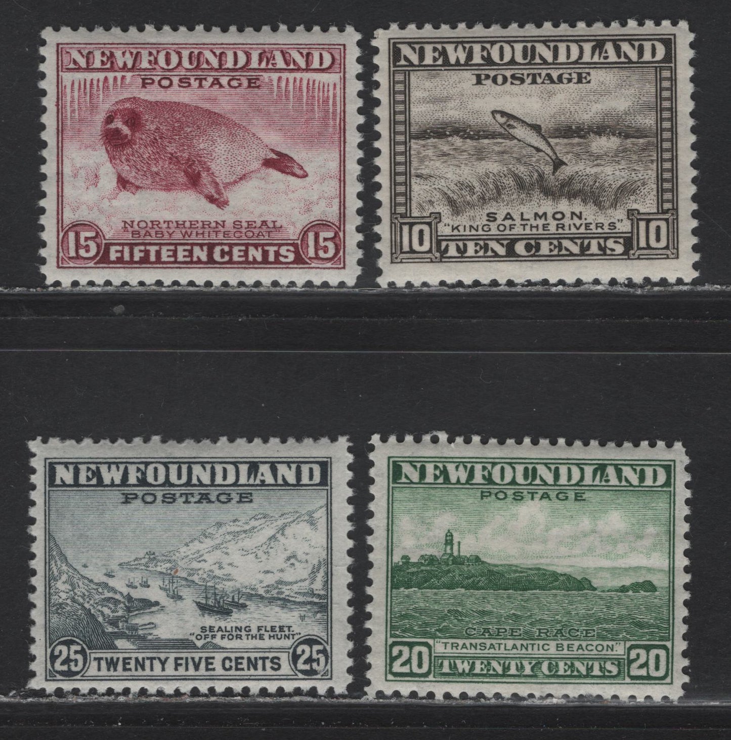 Lot 80 Newfoundland (C) #260, 262-263, 265 10c - 25c Brownish Black - Slate Salmon Leaping Falls - Sealing Fleet, 1941-1944 Waterlow Resources Issue, 4 F/VFOG Singles