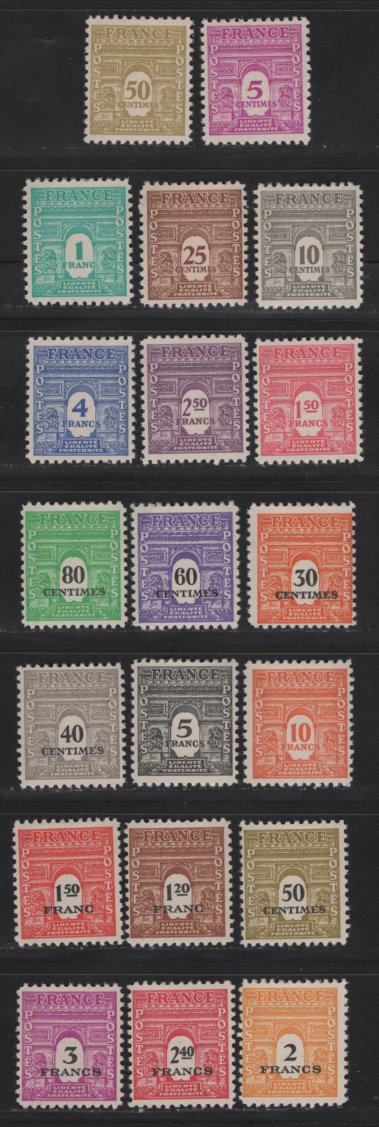 Lot 83 France SC#475-476H, 523A-J 5c - 3fr Bright Red Violet - Bright Red Violet & Black , 1944-1945 Arc de Triomphe Allied Military Gov't Issues, 20 F/VFOG Singles