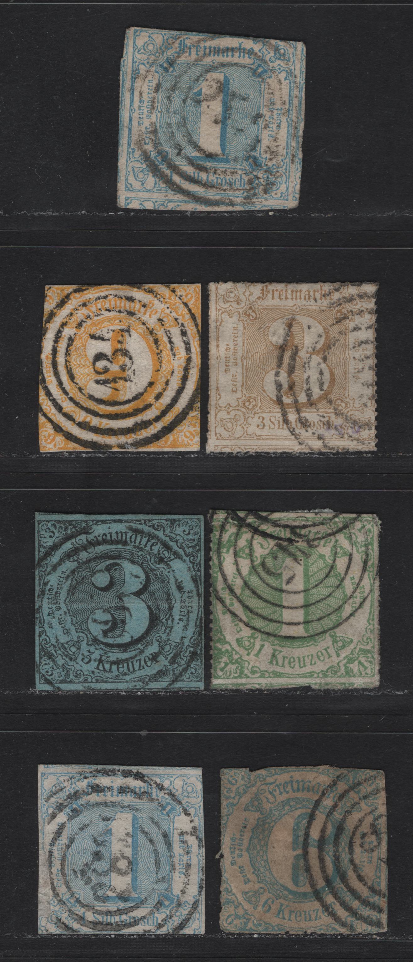Lot 84 Germany - Thurn & Taxis SC#10, 26, 44, 50, 56, 58 15gr - 6kr Blue , 1852-1865 Numeral Issues, 7 Good/Very Fine Used Singles, Imperf & Rouletted, Mixed Conditions