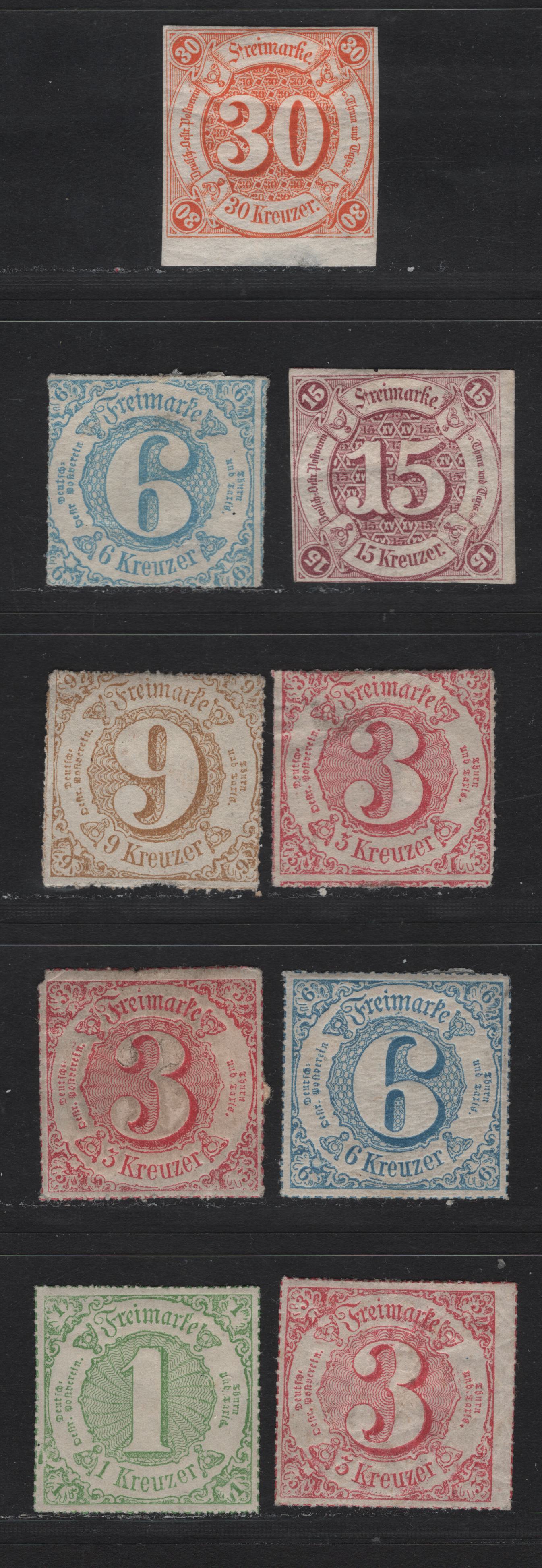 Lot 86 Germany - Thurn & Taxis SC#51-52, 57-62 15kr - 6kr Lilac - Blue , 1859-1866 Numeral Issues, 9 G/VFOG & Unused Singles, Imperf, Rouletted & Rouletted In Colored Lines