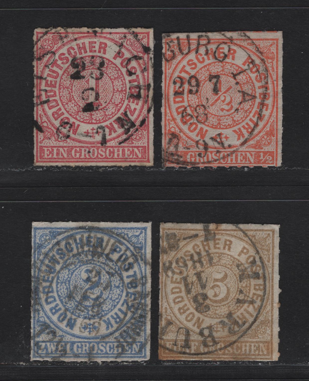 Lot 90 Germany - North German Confederation SC#3-6 1/2gr - 5gr Orange - Bistre , 1868 Rouletted Numeral Issue, 4 Very Good/Fine/Very Fine Used Singles, CDS Cancels, Some Toning On the 5gr & A Small Tear At Base