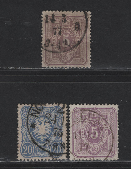 Lot 95 Germany SC#30, 32 5pf - 20pf Violet & Grayish Lialc - Ultramarine , 1875-1879 Embossed Eagle & Numeral Issue, 3 Very Good/Very Fine Used Singles, Final 'E' on Pfennige