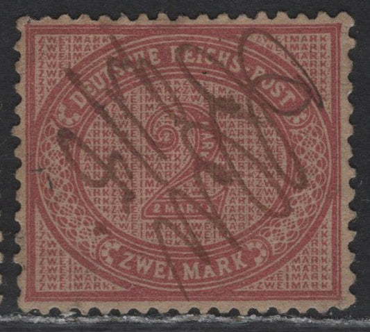 Lot 96B Germany SC#36d (Michel# 37c) 2m Medium Rose Lilac , 1875-1879 Embossed Eagle & Numeral Issue, A Very Fine Used Single, Pre November 17 1884 Printing, Pen Cancellation, Light Diagonal Bend At UL.
