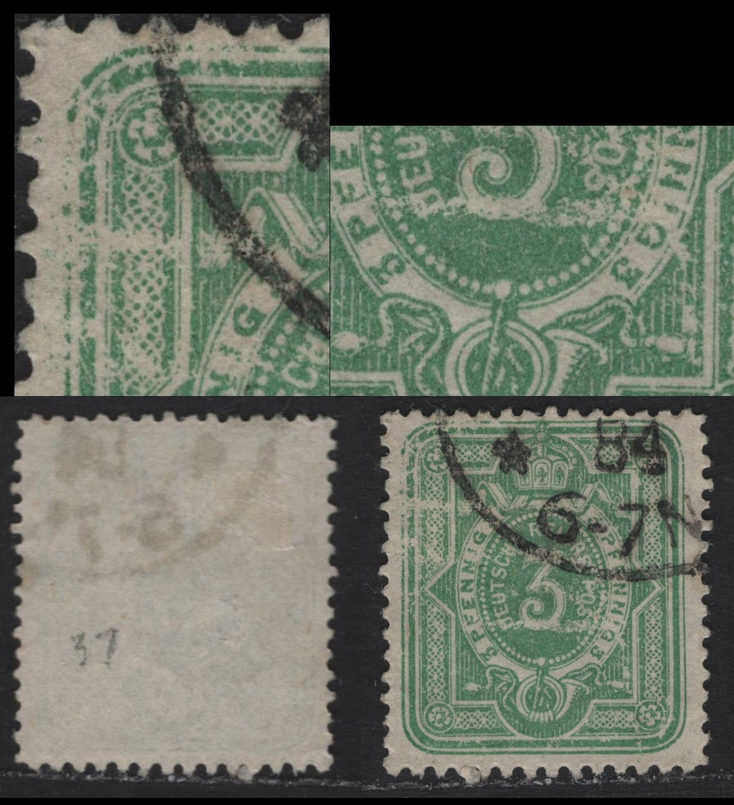Lot 97 Germany SC#36bvar (Michel# 39Iavar) 3pf Medium Green , 1875-1890 Numeral Issue, A Fine Used Single, Showing Extensive Plate Damage, Unlisted In Michel, Which is Suprising, But Might Not Be Constant, 1884 CDS Cancel.