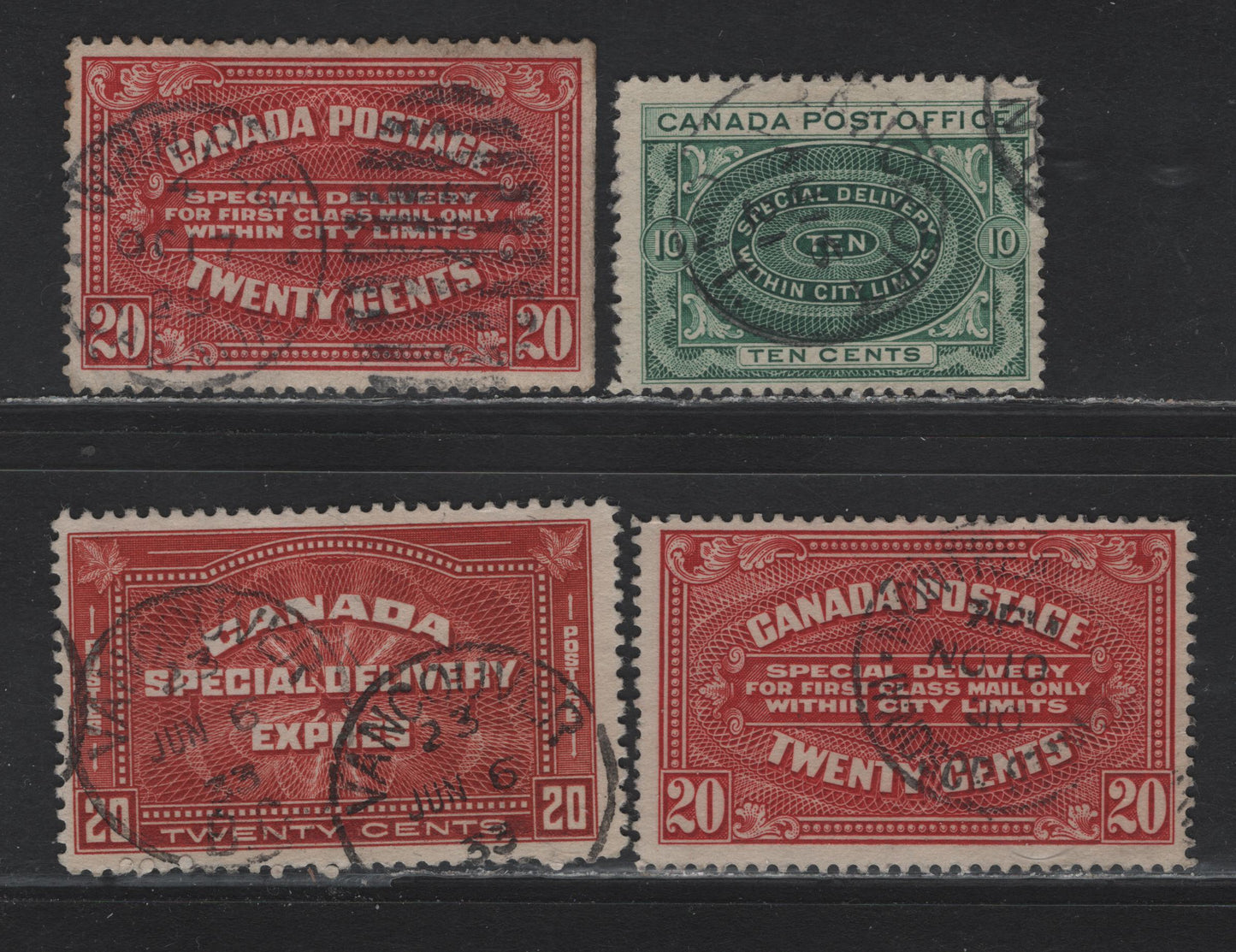 Lot 100 Canada (C) #E1ii, E2, E2a, E4 10c - 20c Green - Brownish Vermillion , 1898-1930 Special Delivery Issues, 4 Very Good/Fine Used Singles, Unchecked As To Paper Type, 10c No Shading & Value Tablet, 20c Carmine Wet & Dry Printings