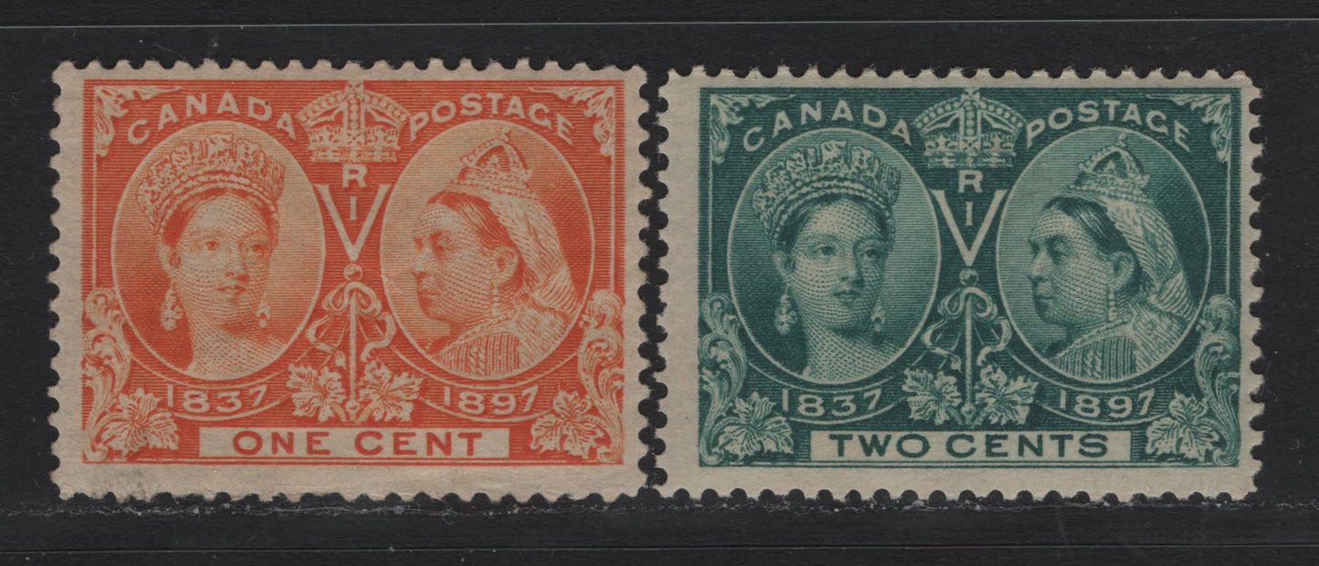 Lot 10 Canada (C) #51i, 52i 1c - 2c Yellow Orange - Deep Green Queen Victoria, 1897 Diamond Jubilee Issue, 2 Fine Used Singles, ABN-V Paper, Perfs 12 & 11.9x12