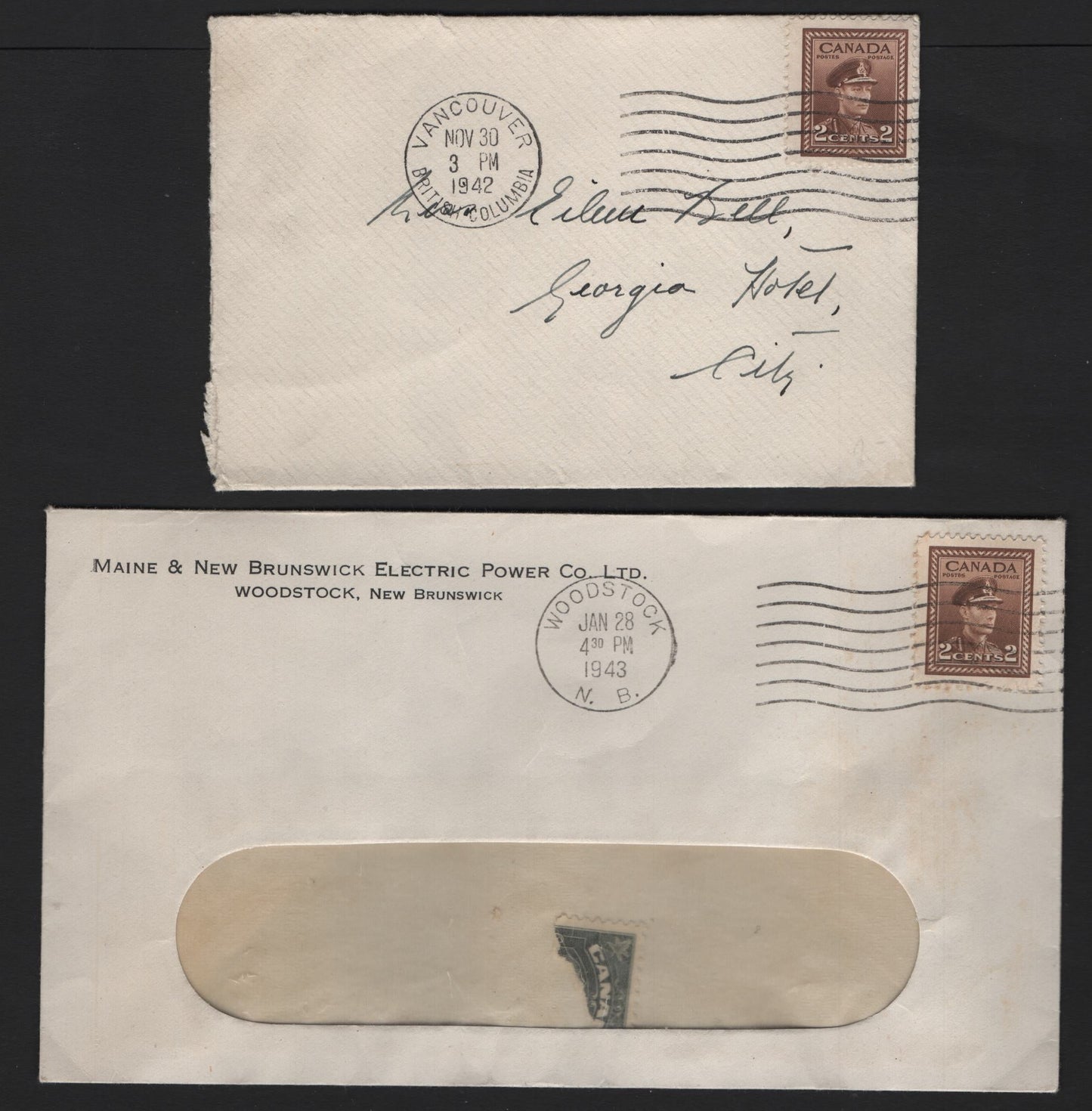 Lot 103 Canada #250 2c Brown , 1942-1943 KGVI War Issue, 2 Very Fine Covers, Franked With Singles, Sent Within Vancouver Nov 30 1942 (Paying 2c Local Rate) & 1943 Window Envelope Sent Locally Within Woodstock, NB
