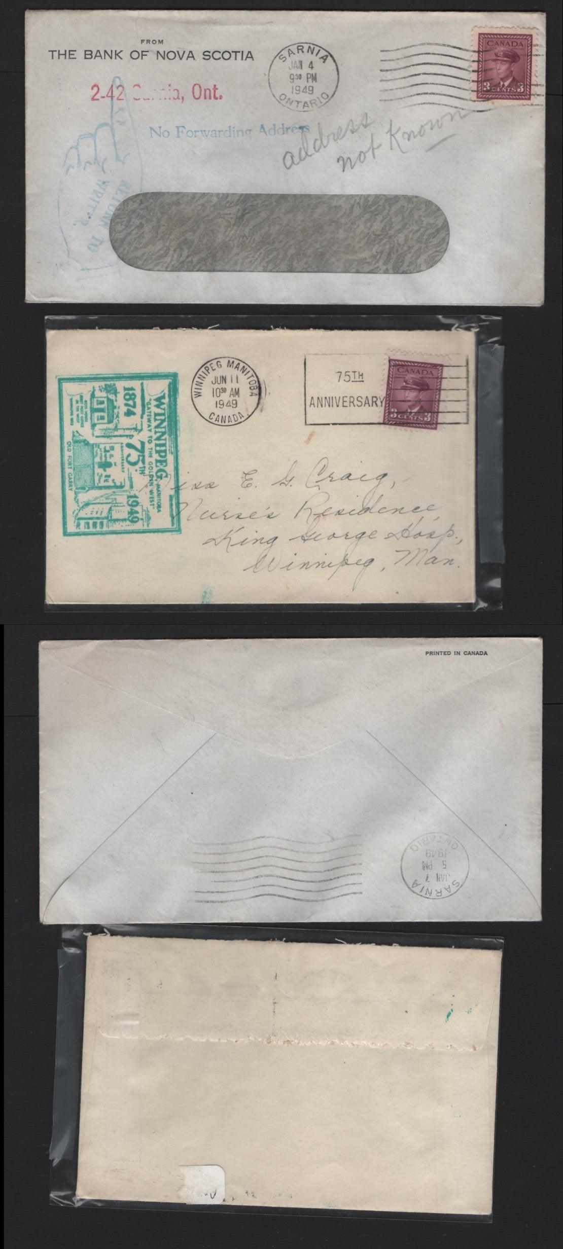Lot 105 Canada (C) #252 3c Rose Violet , 1942-1943 KGVI War Issue, 2 Very Fine Covers, 3c Local Rate Returned Mail & 75th Anniv of Winnipeg Covers, Both Sent In 1949