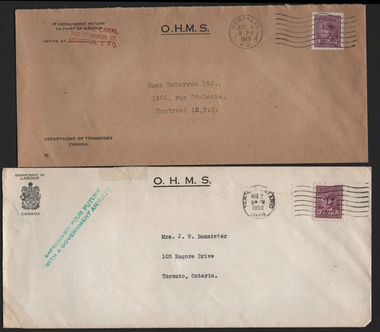 Lot 106 Canada #O10-252 3c Rose Violet , 1942-1943 KGVI War Issue, 2 Very Fine Covers, 4 Hole OHMS Perfins, POS. 4, Sent In 1949 & 1950