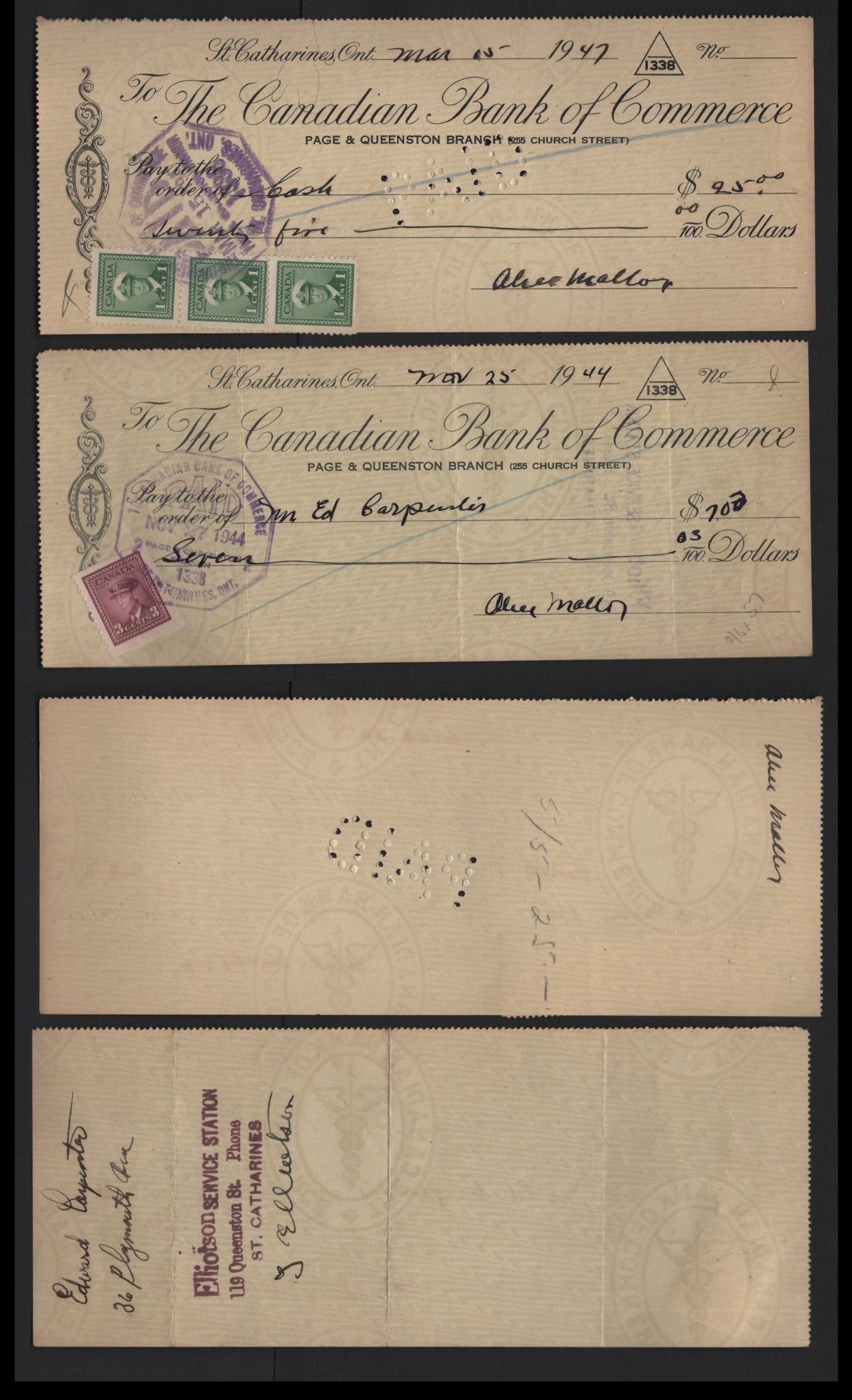 Lot 109 Canada #249, 252bs 1c - 3c Green - Rose Violet , 1942-1943 KGVI War Issue, 2 Very Fine Used Cheques, 1944 & 1949 Canadian Bank of Commerce Cheques, Sheet & Booklet Singles Used IN Place Of Excise Tax Stamps