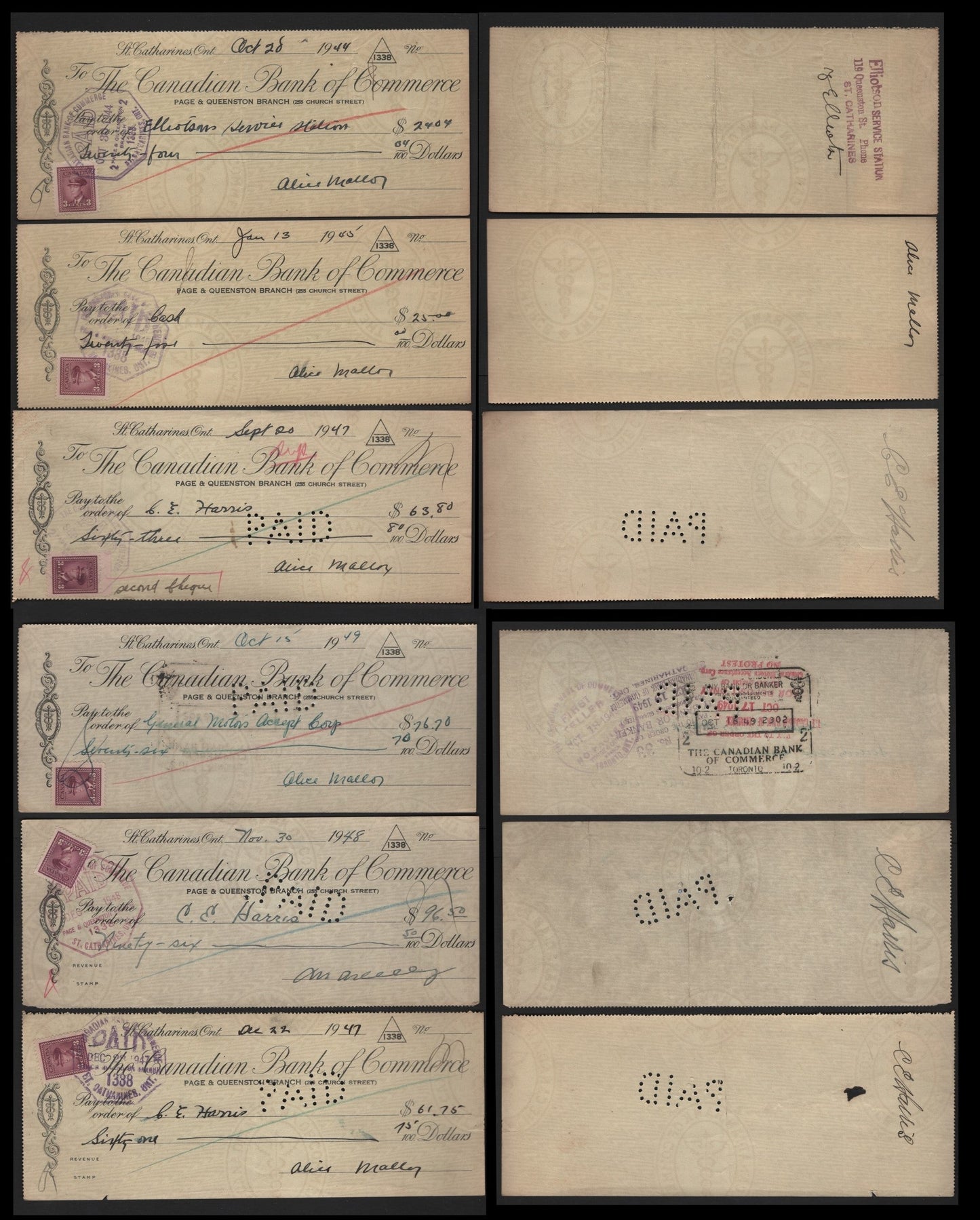 Lot 110 Canada #252 3c Rose Violet , 1942-1943 KGVI War Issue, 6 Very Fine Used Cheques, 1944, 1945, 1947, 1948 & 1949 Canadian Bank of Commerce Cheques, Clear Shade Differences Between The Different Cheques