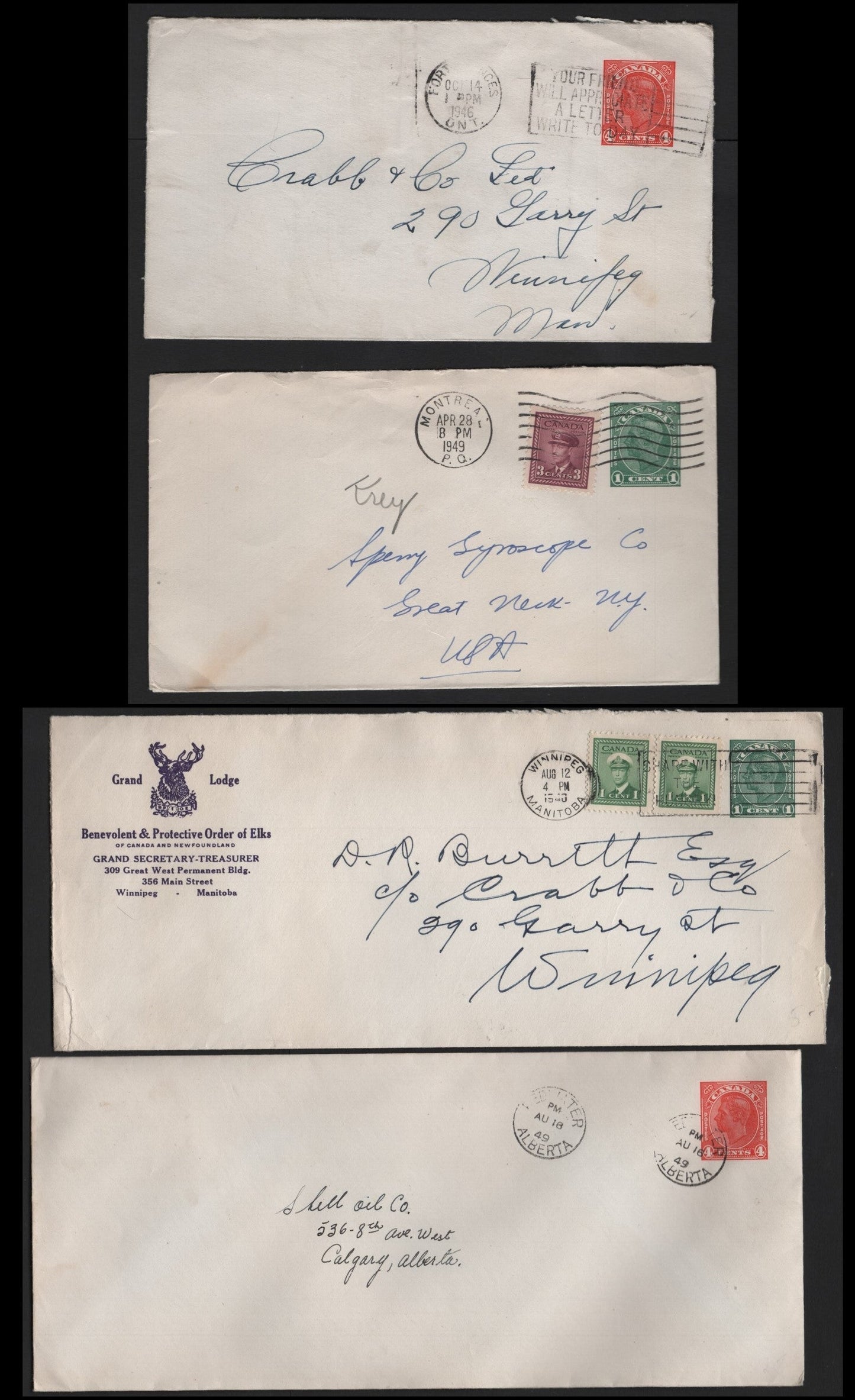 Lot 114 Canada #U49-a, U65-a 1c - 4c Blue Green - Red ,  Postal Stationary Envelopes, 3 Fine/Very Fine Used Envelopes, #8 & #10 Envelopes, Sent Between 1946 & 1949 At 4c Domestic & US Rates