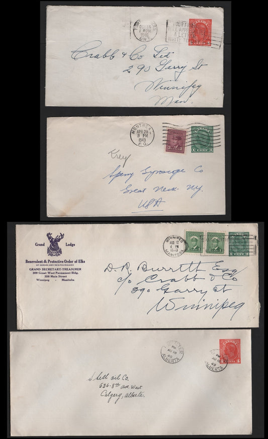 Lot 114 Canada #U49-a, U65-a 1c - 4c Blue Green - Red ,  Postal Stationary Envelopes, 3 Fine/Very Fine Used Envelopes, #8 & #10 Envelopes, Sent Between 1946 & 1949 At 4c Domestic & US Rates