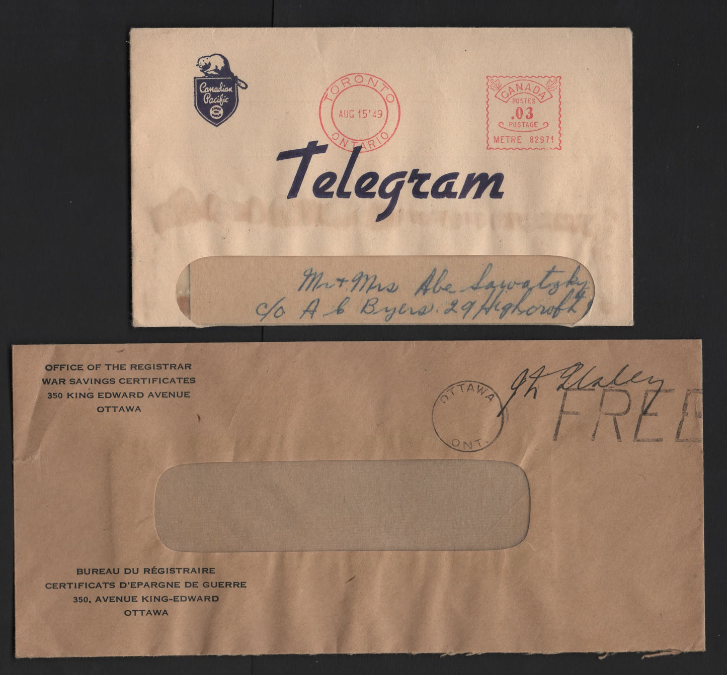 Lot 126 Canada, 1949 Canadian Pacific Telegram & Free Mail Envelope for War Savings Certificates, A Very Fine Used Envelope, Free Mail Cancel Is An Undated Ottawa Cancel With Postmaster Signature