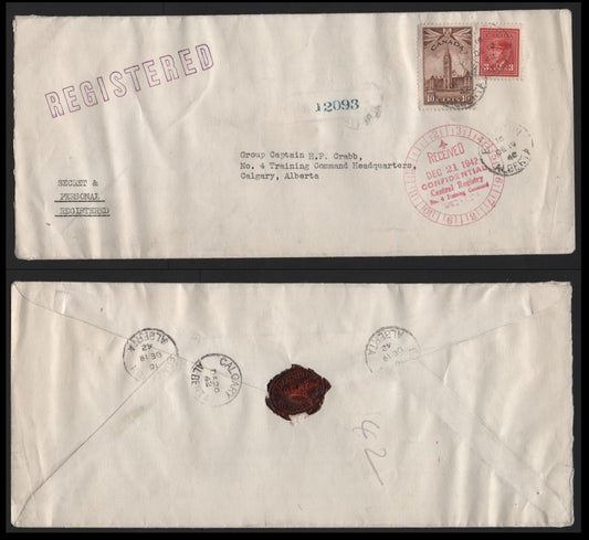 Lot 127 Canada #251, 257 3c - 10c Carmine - Brown , 1942-1943 KGVI War Issue, A Very Fine Cover, Registered Domestic, From Edmonton To No.4 Training Command Headquarters, Franked With Single 3c & 10c, December 19 1942.