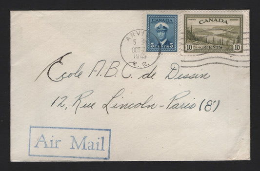 Lot 128 Canada #255, 269 5c - 10c Blue - Olive Green , 1942-1946 KGVI War & Peace Issues, A Very Fine Cover, Small 1949 Airmail Cover From Aruida, PQ To Paris, France, Paying The 15c Airmail Rate to Europe