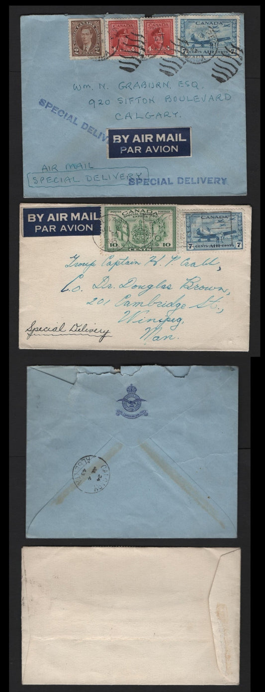Lot 129 Canada #232as, 254, 257, C8, E10 2c - 7c Brown - Blue , 1937-1942 Mufti - Special Delivery Issues, 2 Fine/Very Fine Covers, Sent Form Winnipeg To Calgary & Calgary to Winnipeg, Franked With 17c Postage, Sent July 2 1943 & July 4th 1943.